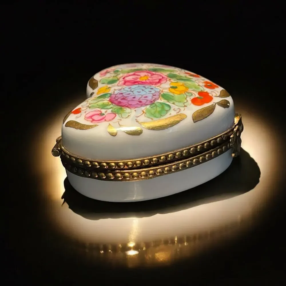 Authentic Limoges Mini Heart Trinket Box, Engagement Ring Box, Pillbox Floral
